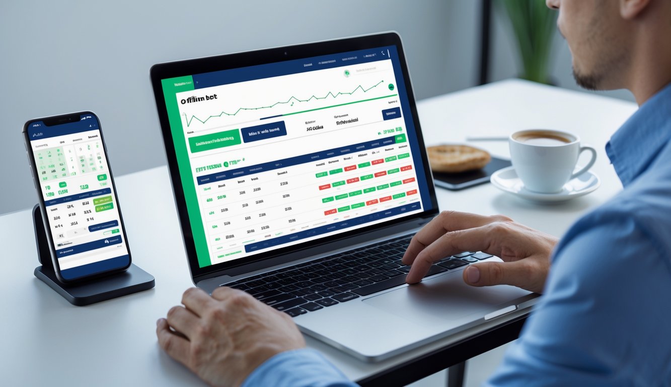 Seseorang sedang memasang taruhan online di laptop di ruang kerja modern dengan suasana yang rapi dan profesional.