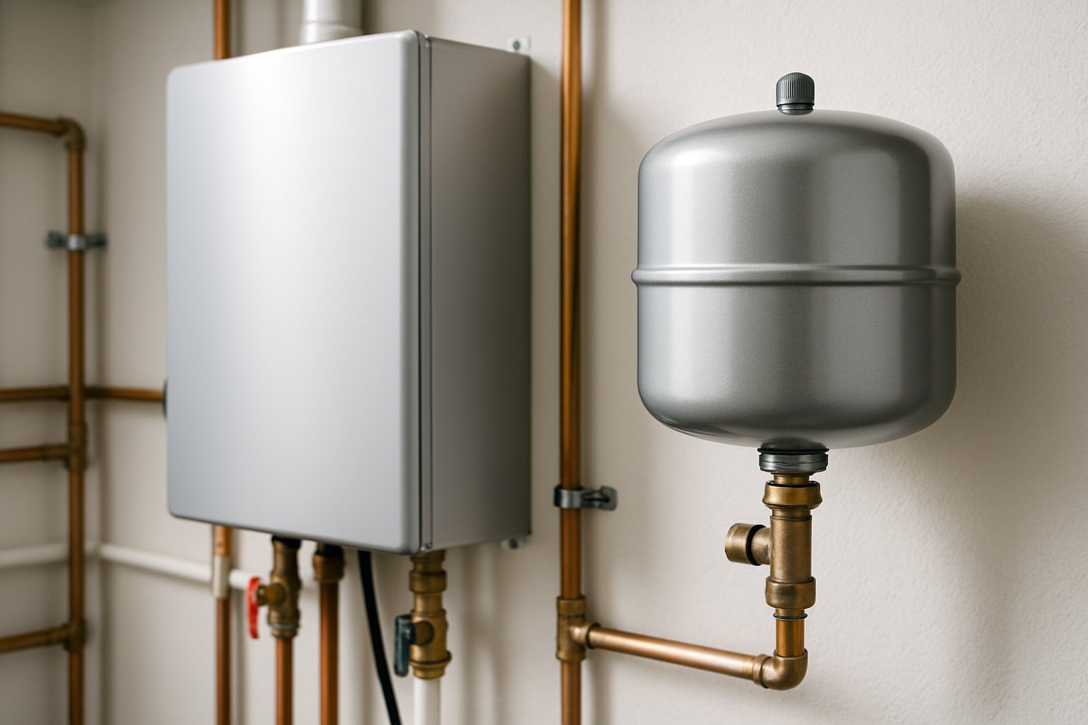A tankless water heater expansion tank installed next to a tankless water heater with connected pipes in a clean utility room.