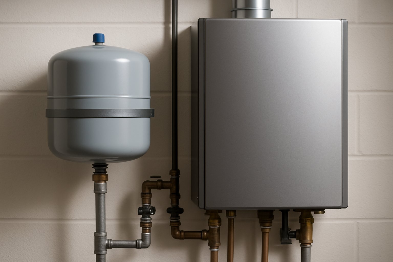 A tankless water heater expansion tank installed next to a tankless water heater with connecting pipes in a mechanical room.