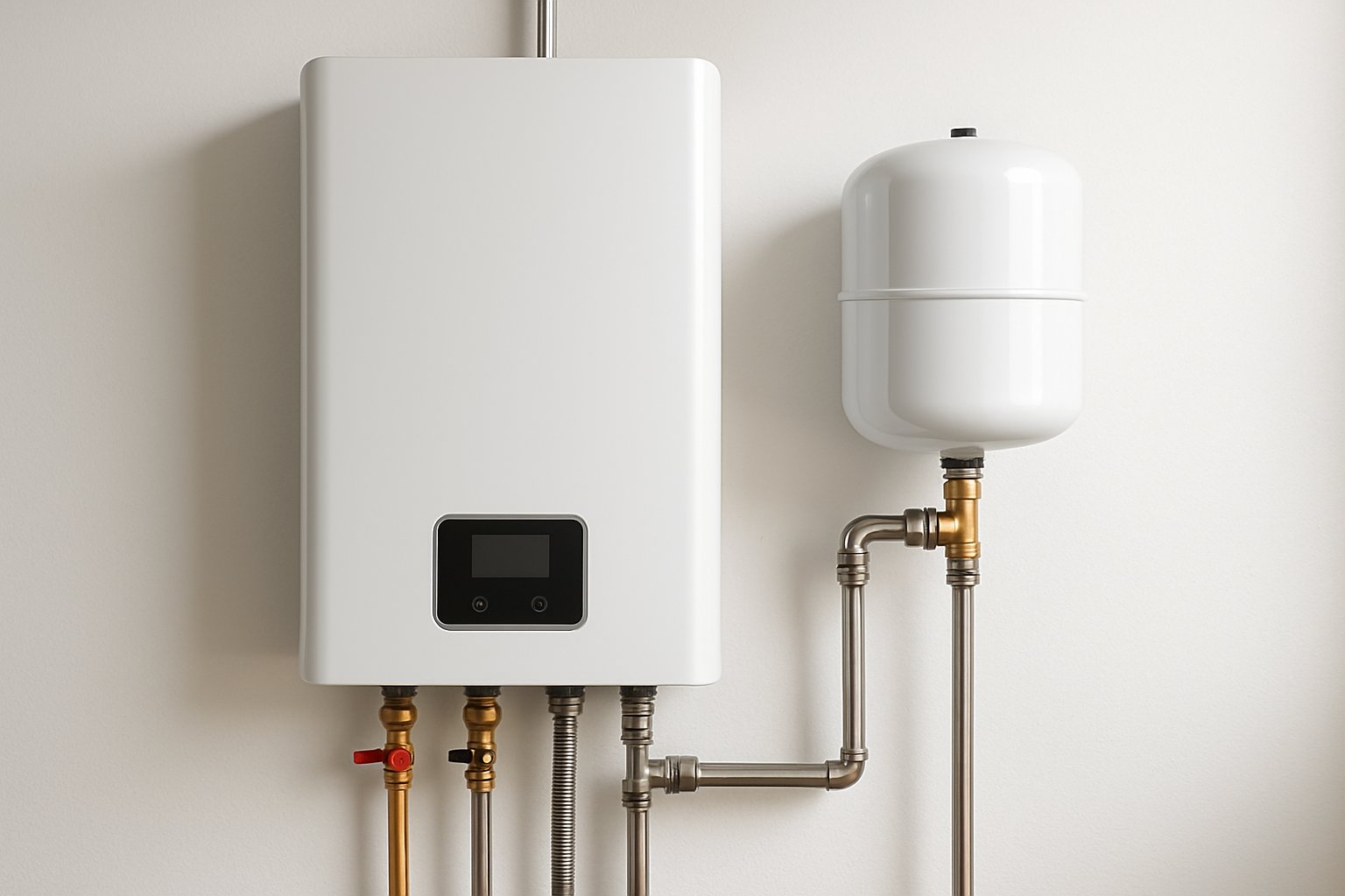 Tankless water heater installed on a wall with an expansion tank connected by pipes in a clean utility room.