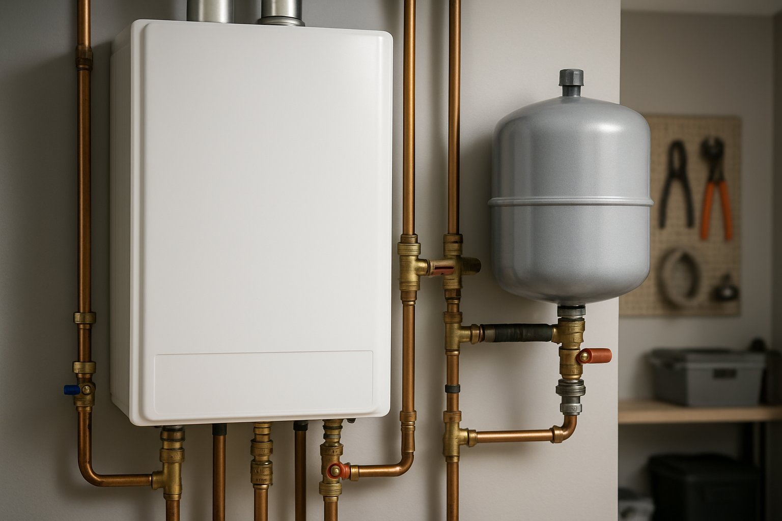 A tankless water heater and a connected expansion tank installed in a clean utility room with visible plumbing pipes.