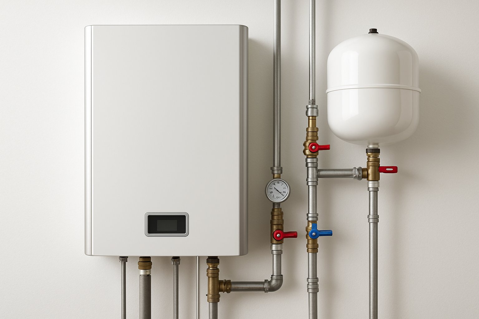 A tankless water heater and an expansion tank installed on a wall with connected pipes and valves in a utility room.