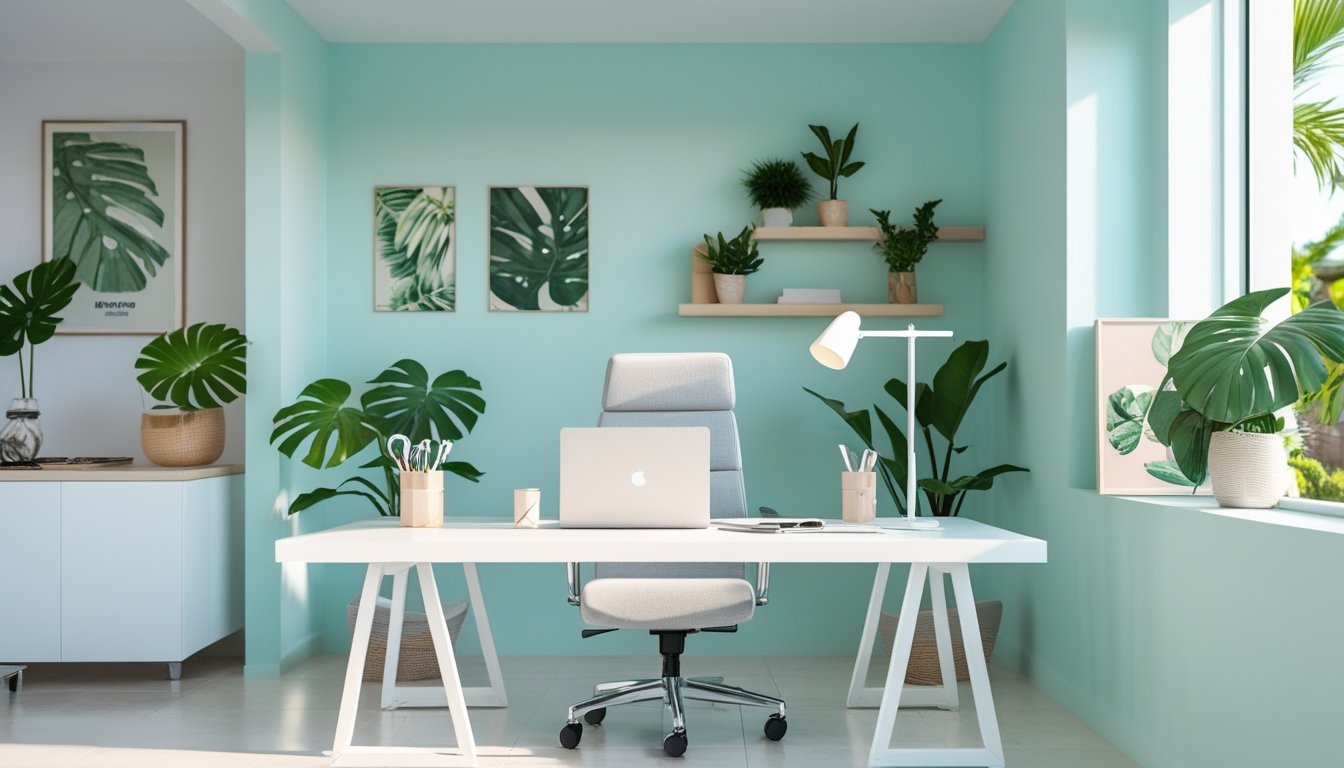 A modern home office with a white desk, laptop, tropical plants, and a large window letting in natural light.