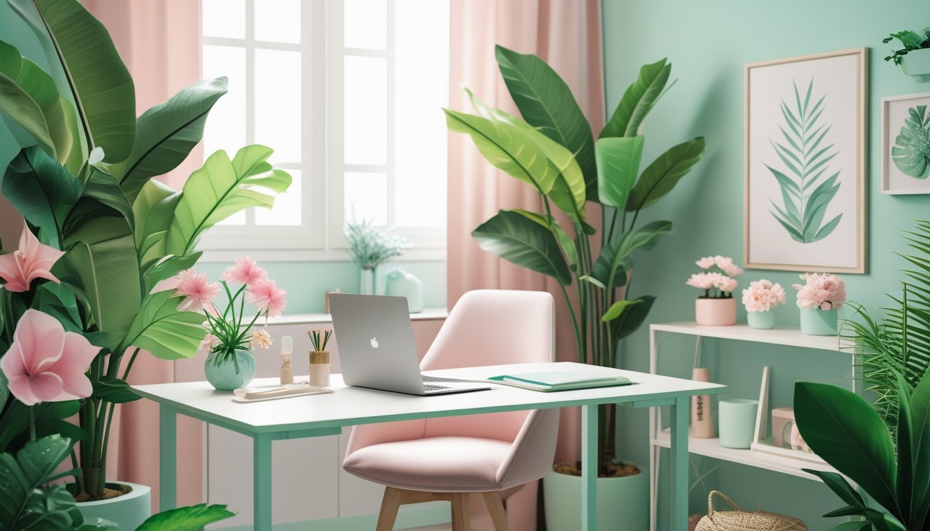 A home office desk surrounded by tropical plants and pastel-colored flowers with natural light coming through a window.