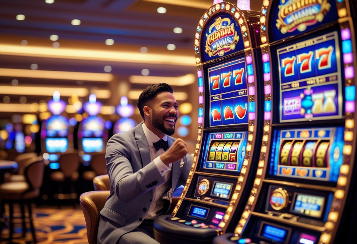 A person celebrating a win at a slot machine in a lively casino with colorful lights and coins spilling out.