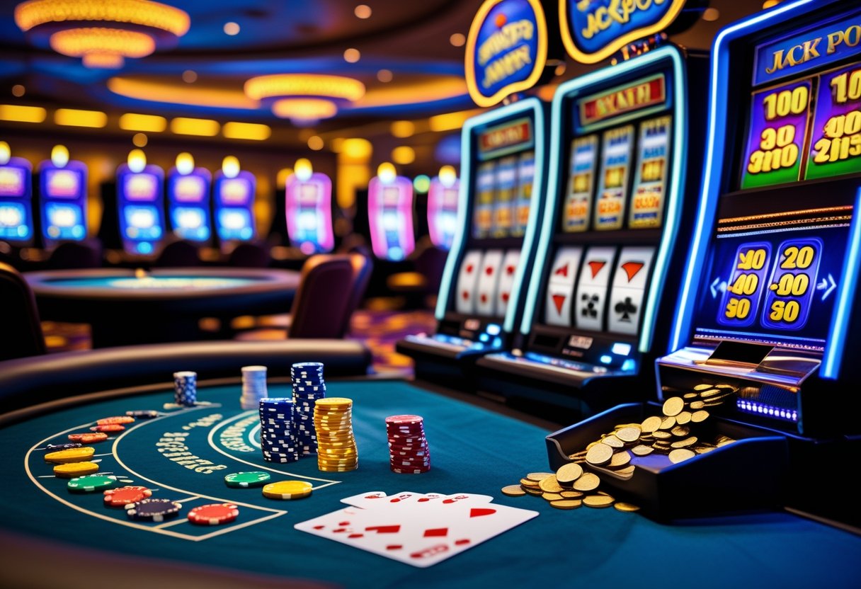 A casino gaming table with poker chips, playing cards, dice, and a slot machine showing a jackpot win in a lively casino setting.