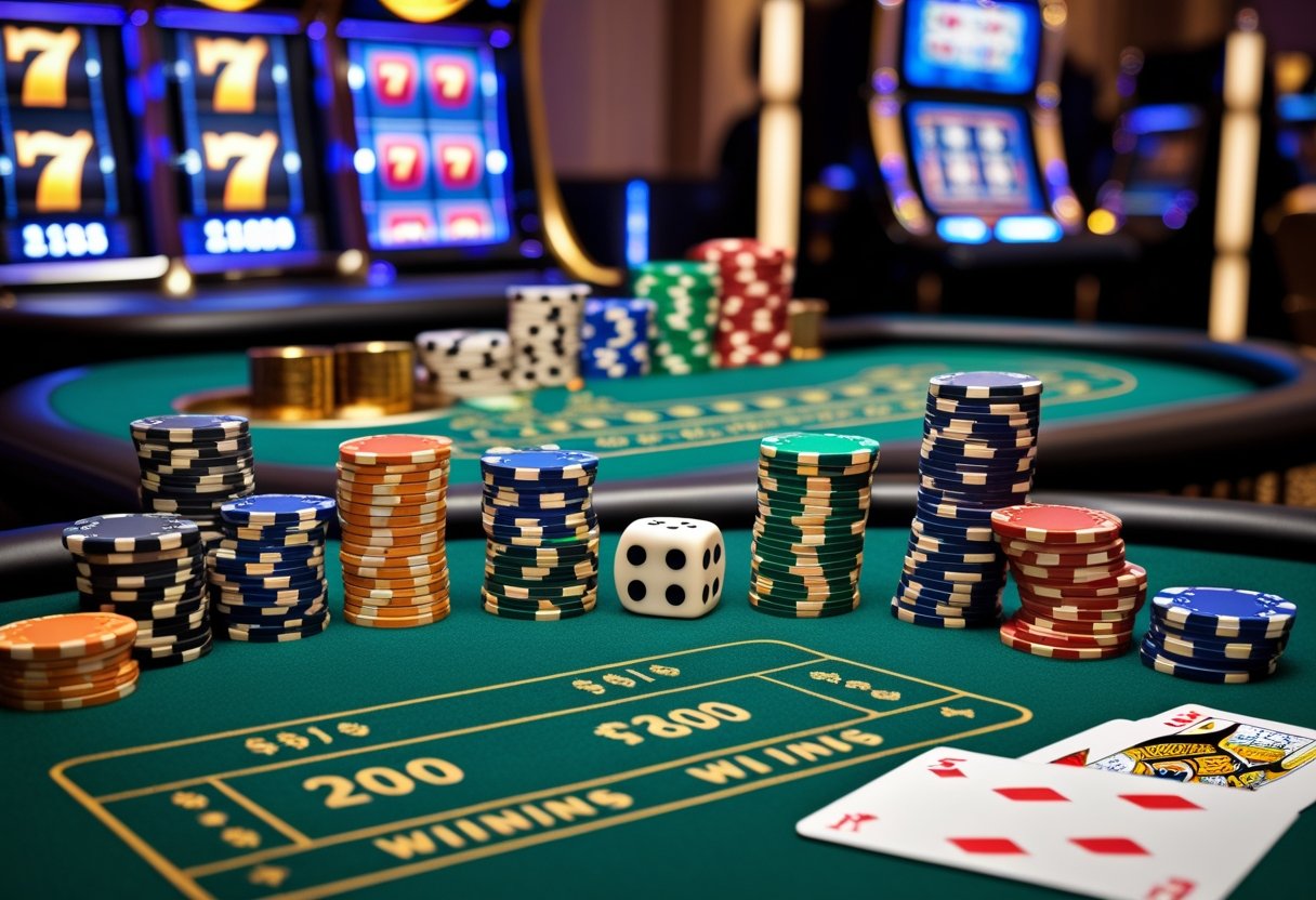 A casino table with poker chips, dice, playing cards, and a slot machine in the background, suggesting high payout casino games.