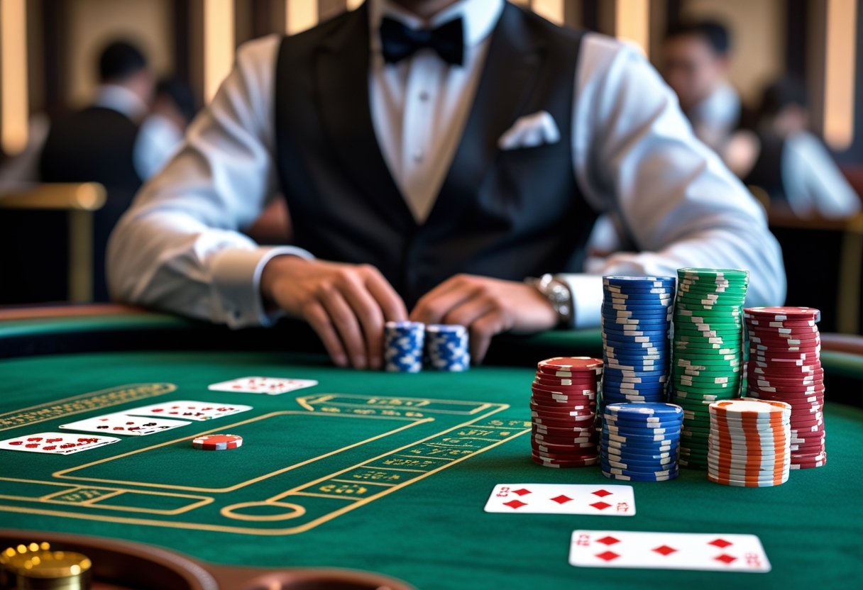 A baccarat table with playing cards and stacks of casino chips, with a dealer standing behind the table.