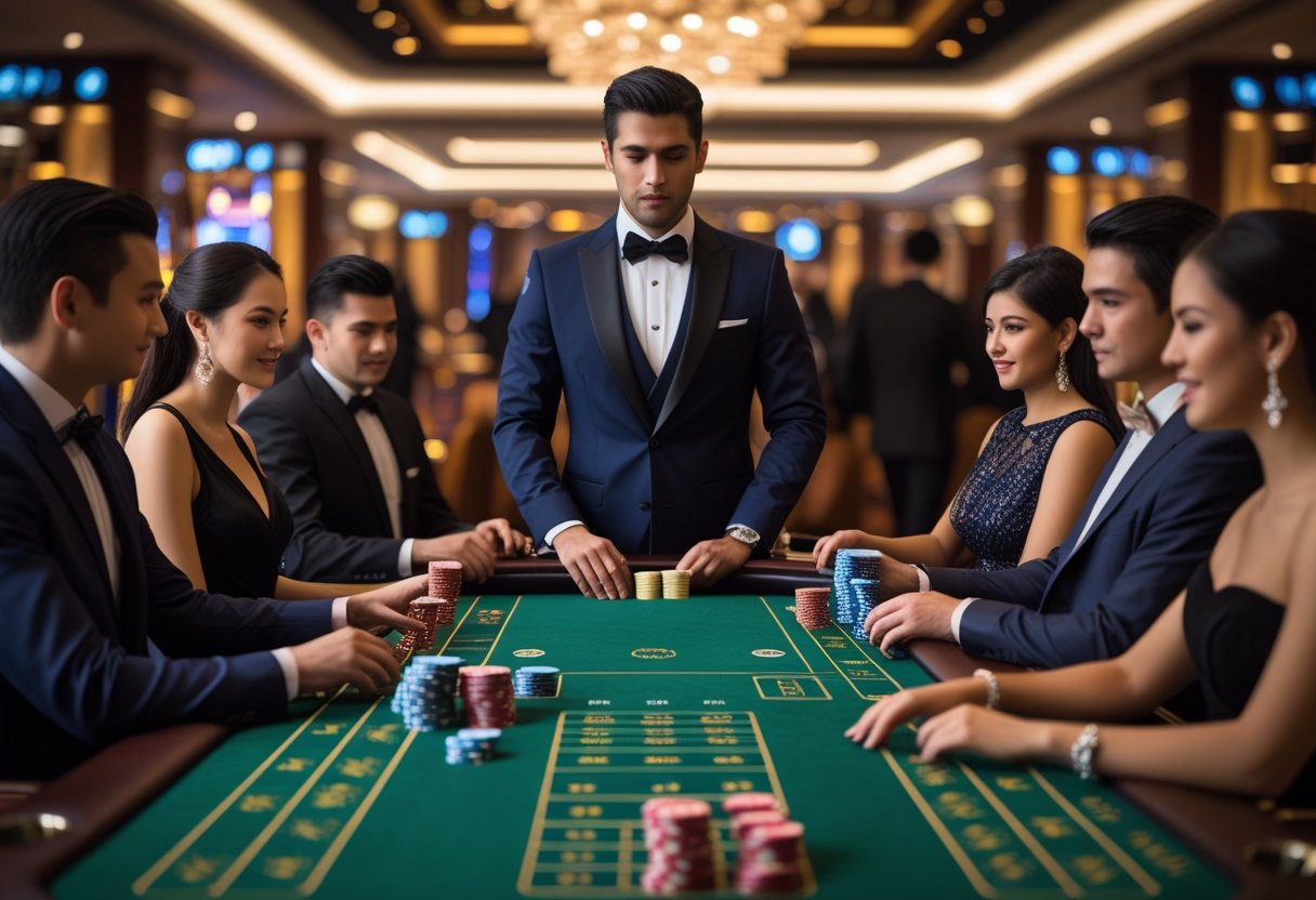 A dealer and several players around a baccarat table in a casino, focused on the game with cards and chips on the table.
