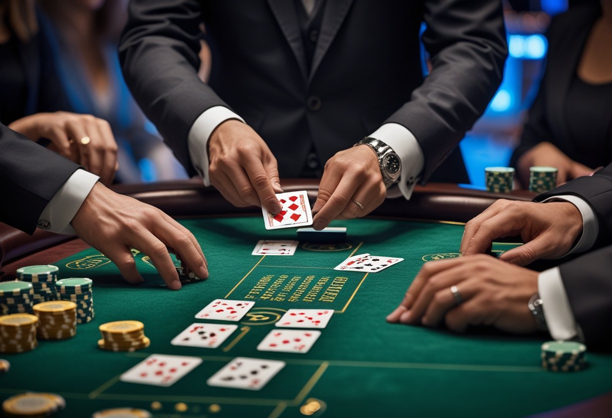 A dealer dealing cards at a baccarat table with chips and players focusing on the game.
