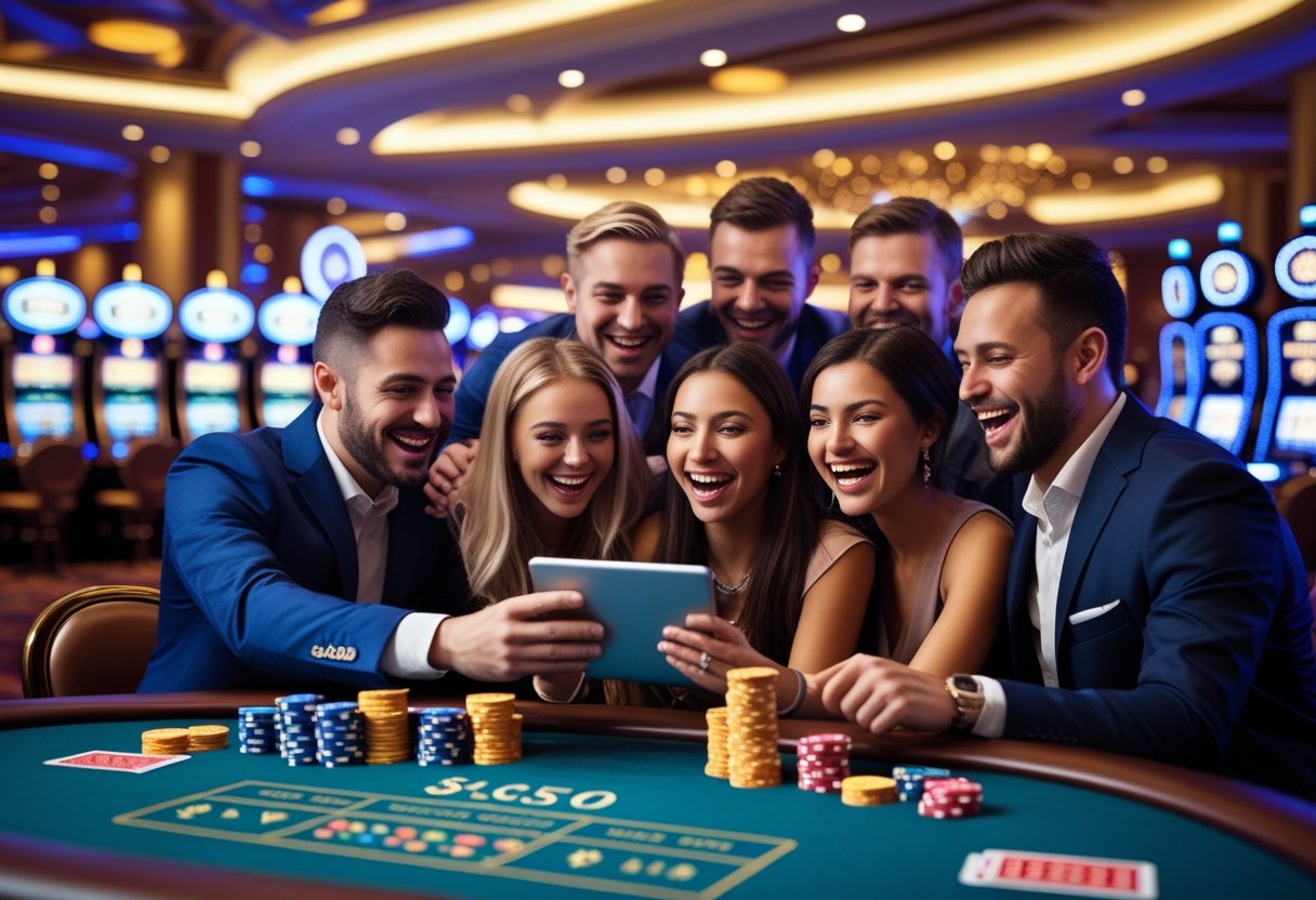 A group of people in a casino looking excitedly at a digital device with slot machines and poker chips nearby.