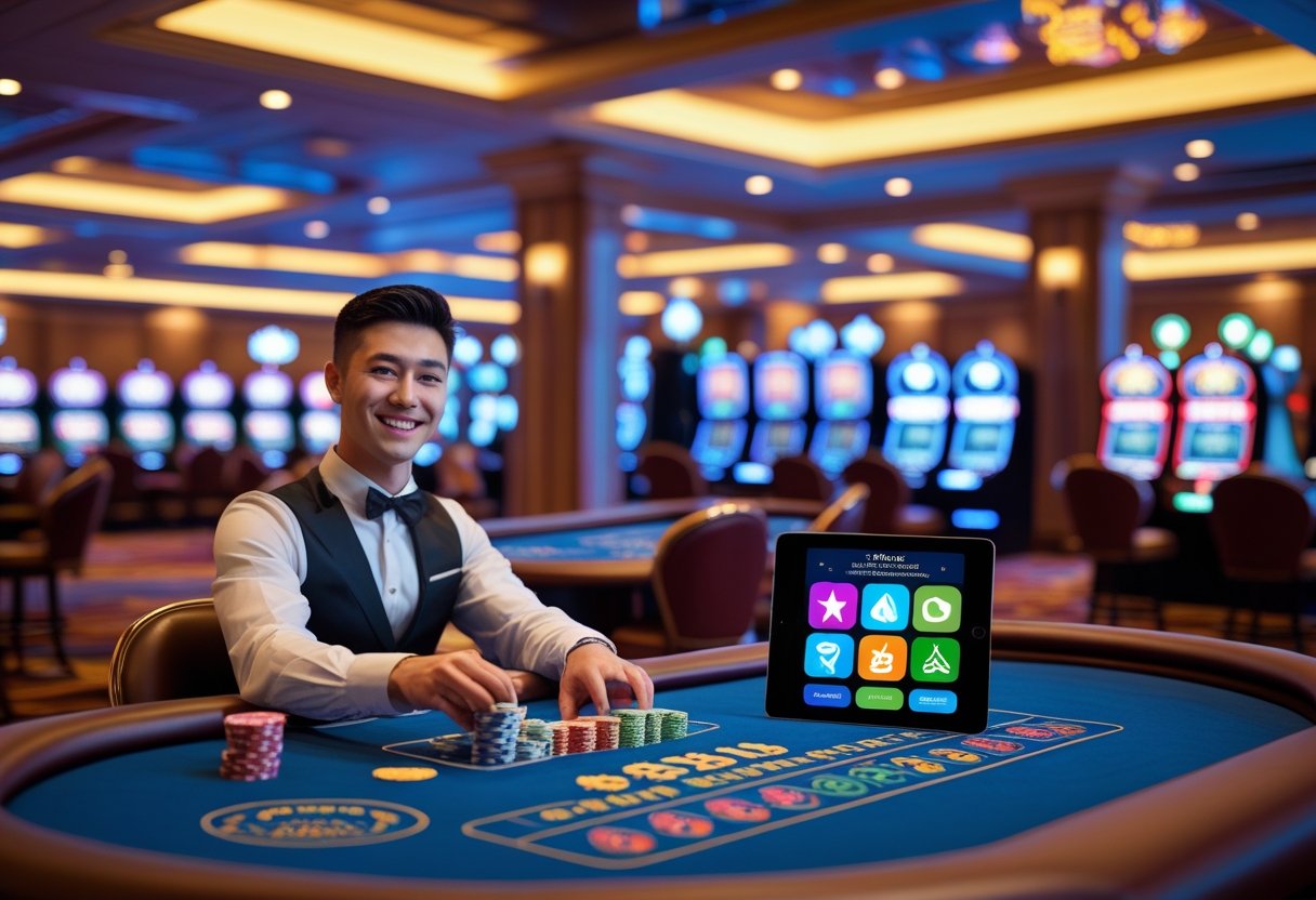 A person smiling while receiving chips from a dealer at a casino table, with slot machines and a digital device showing bonus icons in the background.
