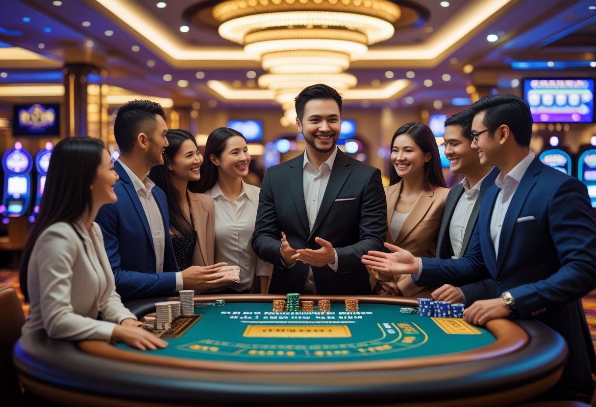 People interacting with a casino employee at gaming tables and slot machines inside a casino.