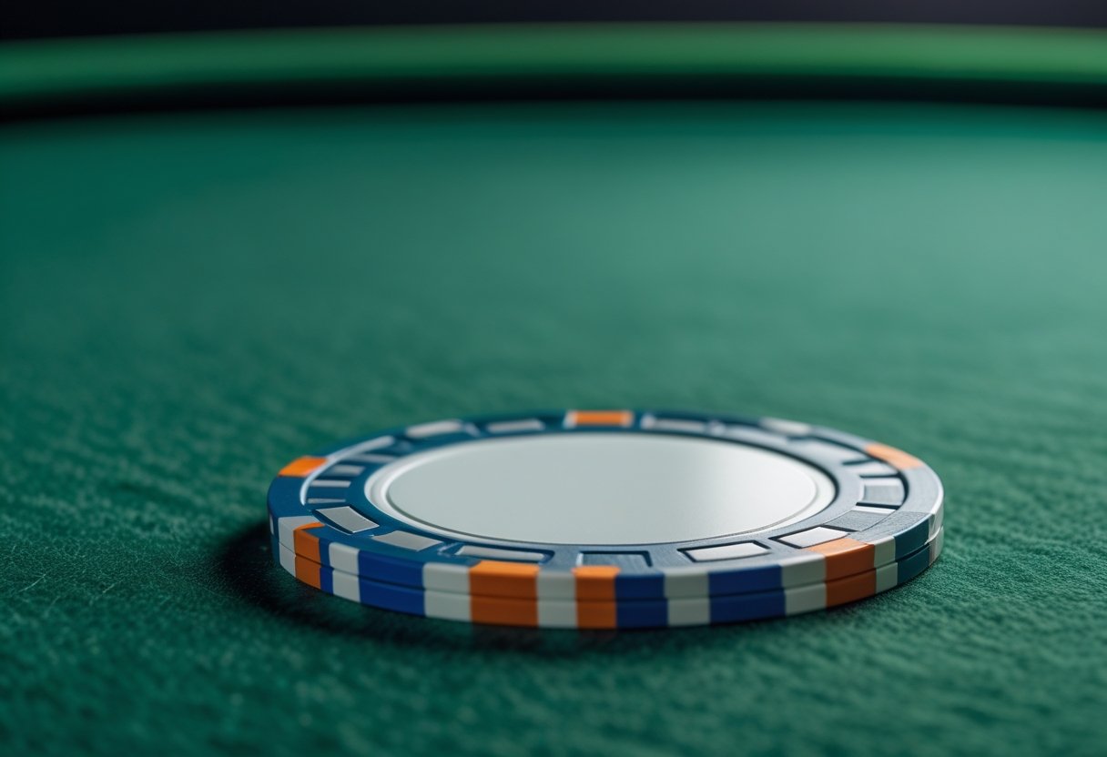 A single casino chip on a green felt surface.