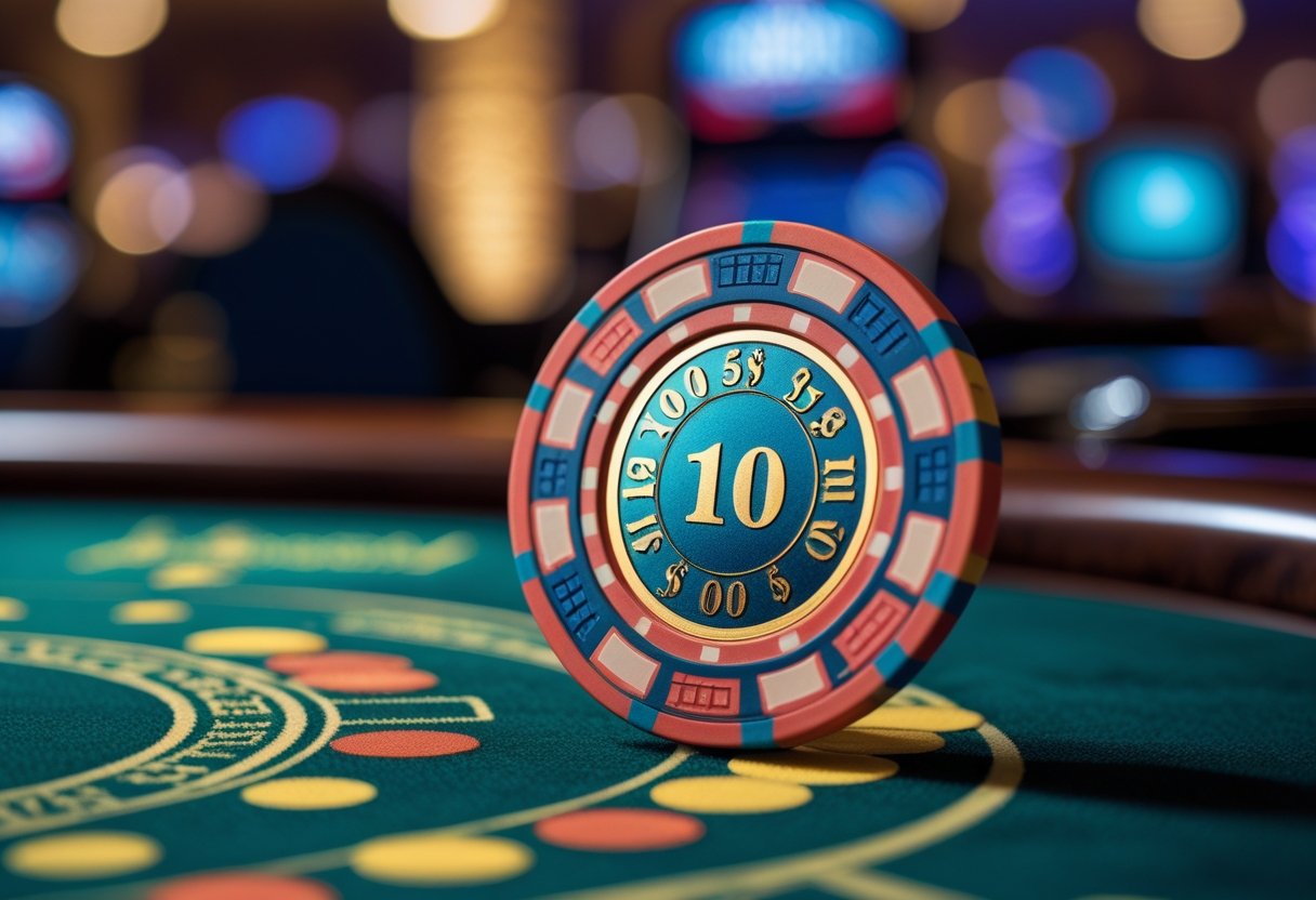 A close-up of a colorful casino chip on a wooden casino table with blurred background.