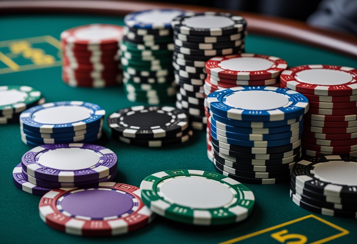 A close-up view of colorful casino chips stacked and spread out on a green felt casino table.
