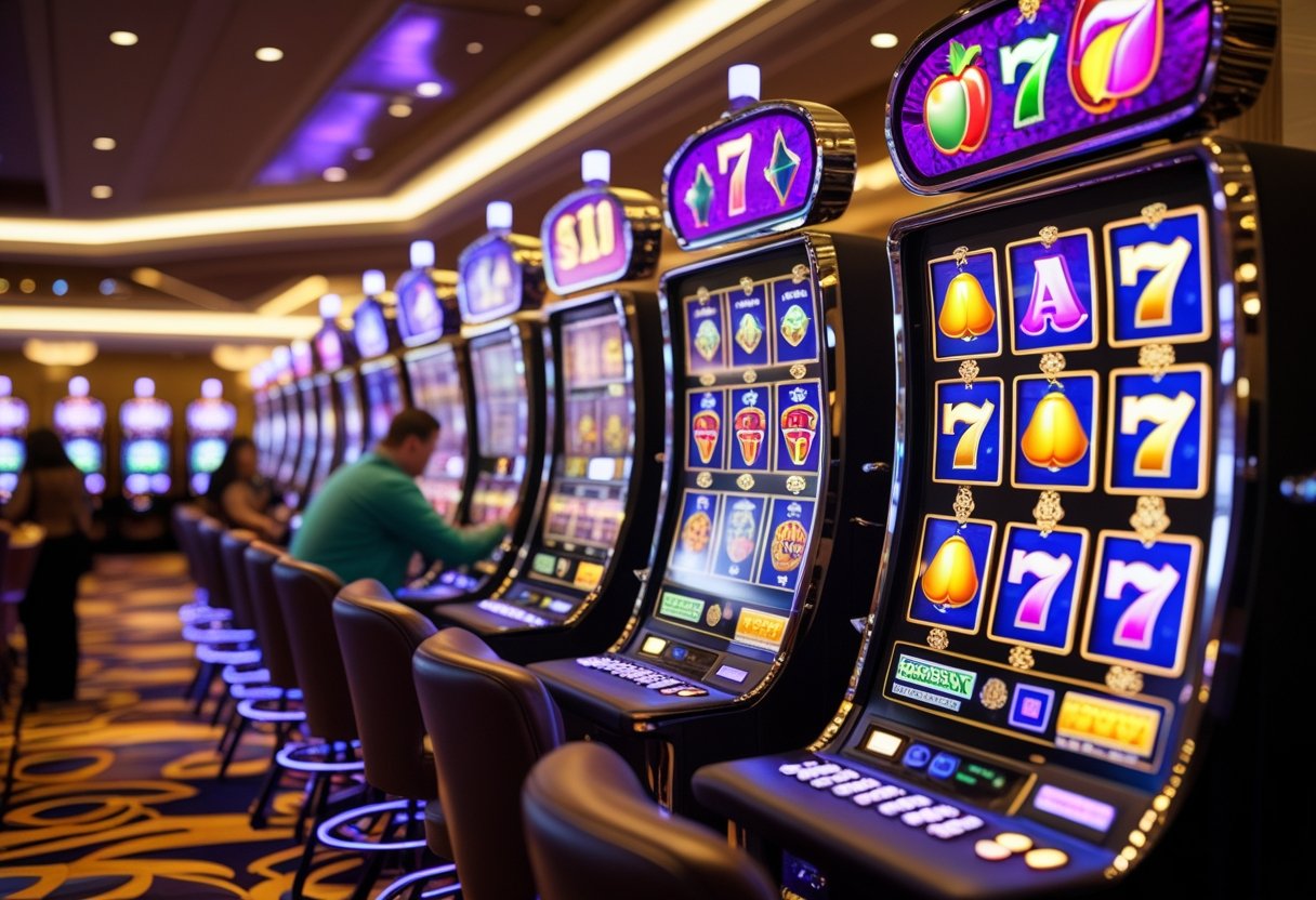 A casino interior with slot machines and people playing them.