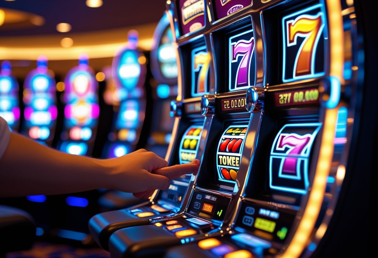 A close-up of a slot machine with colorful symbols and a person’s hand about to play in a casino.
