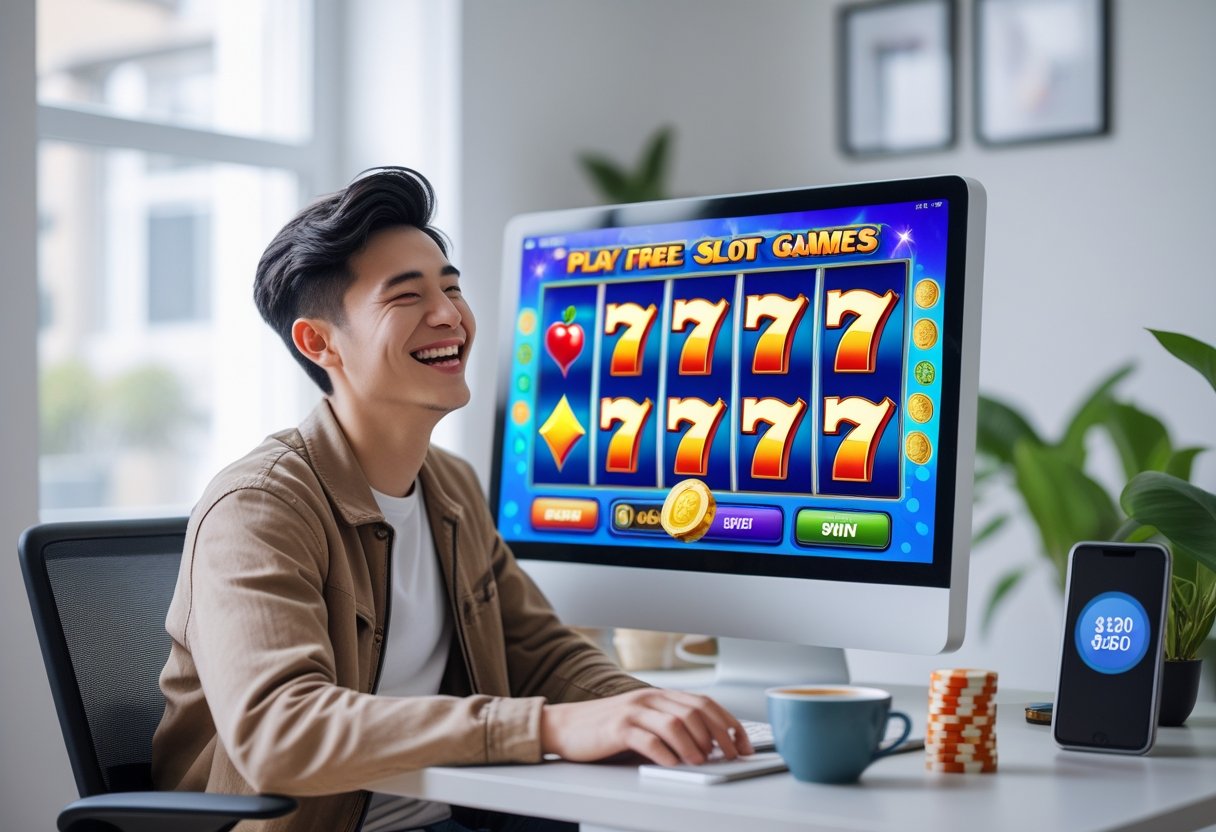 A person happily playing free slot games on a computer in a bright home office with colorful slot machine graphics on the screen.