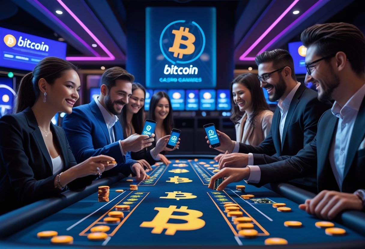 A group of people playing casino games with bitcoin symbols and digital displays in a modern casino setting.