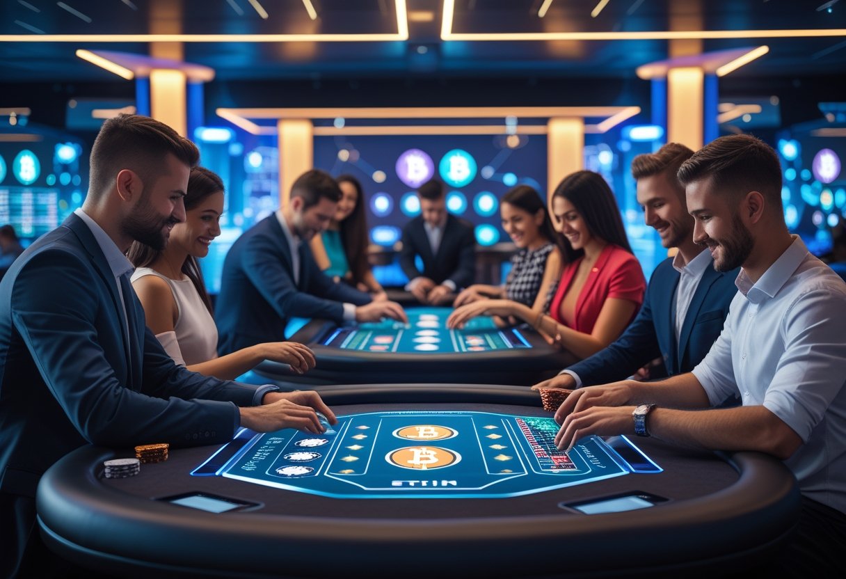 People playing digital casino games with Bitcoin symbols on screens in a modern casino setting.
