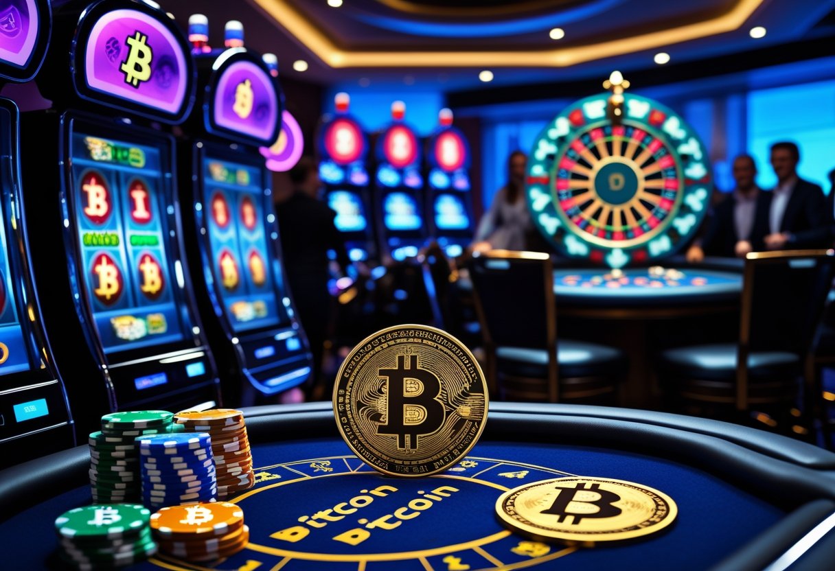 A casino scene with slot machines, a poker table with chips and cards, and a spinning roulette wheel, all featuring Bitcoin-themed elements.