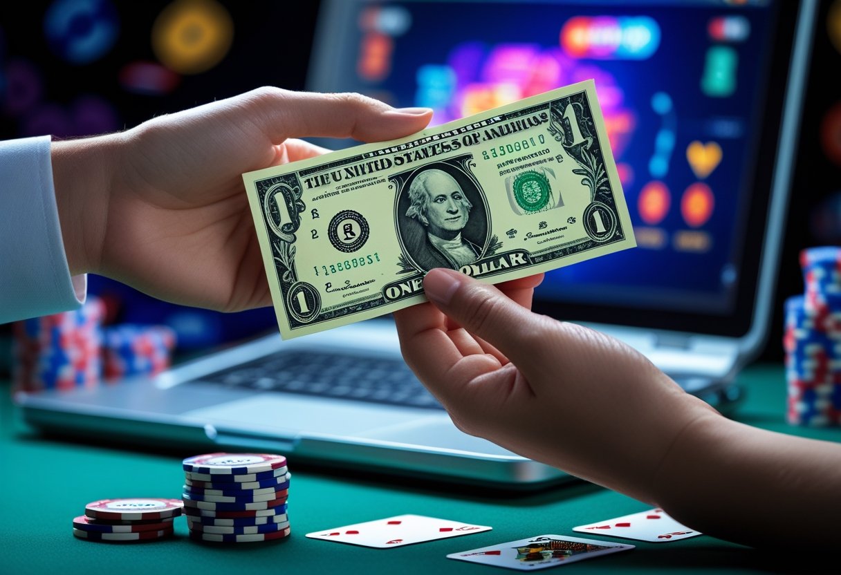 A hand holding a one-dollar bill above a table with poker chips, playing cards, and a laptop screen showing an online gaming interface.