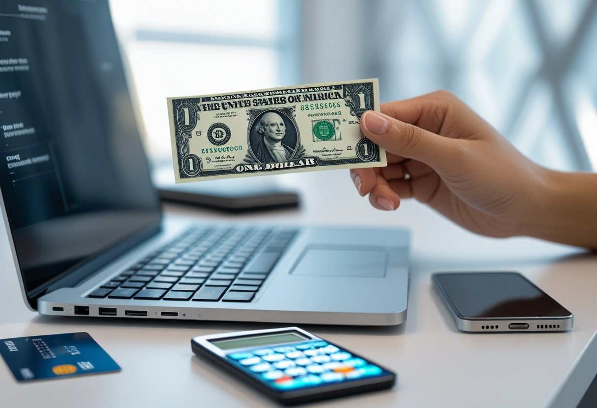 A hand holding a one-dollar bill above a laptop keyboard with financial tools nearby.