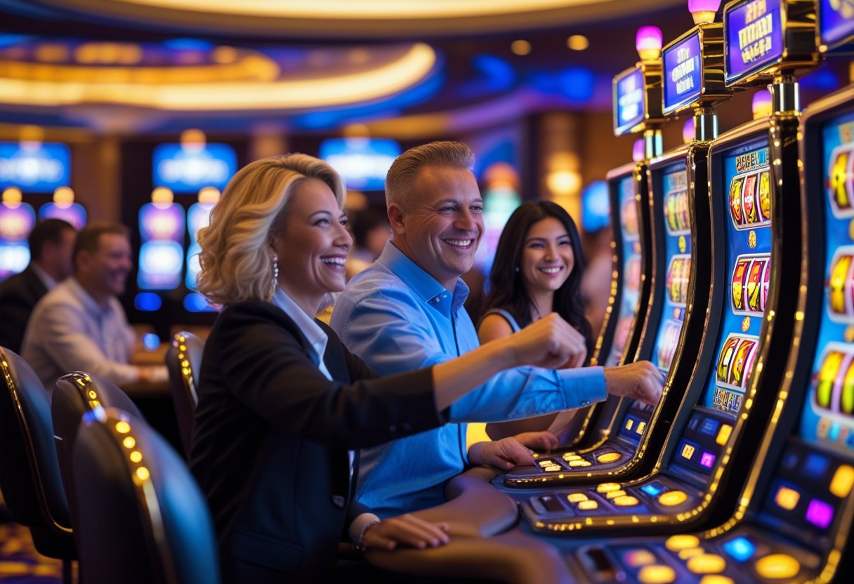 People playing slot machines in a brightly lit casino with colorful lights and a lively atmosphere.