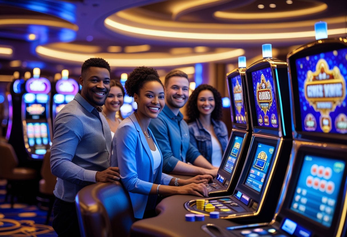 A group of adults playing slot machines and casino games in a modern casino with bright lights and a welcoming atmosphere.