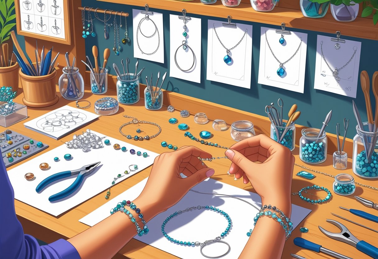 A workspace with hands making jewelry using tools, beads, and design sketches on a board.