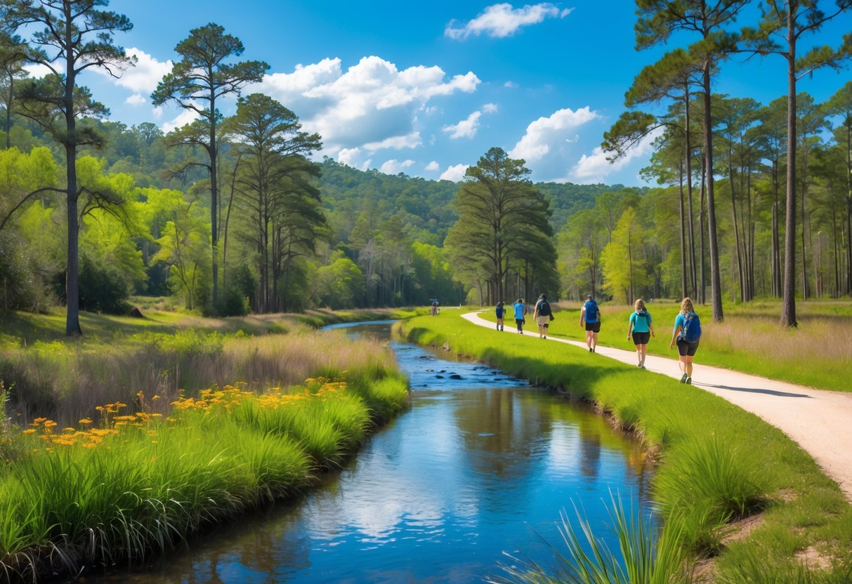 A scenic park near Dothan, Alabama with green trees, a creek, walking trails, and people hiking on a sunny day.
