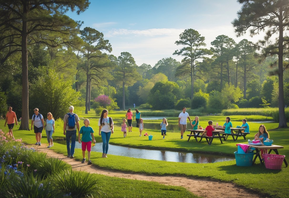 People enjoying outdoor activities like hiking, playing, and picnicking in a green park with trees and wildflowers under a clear sky.