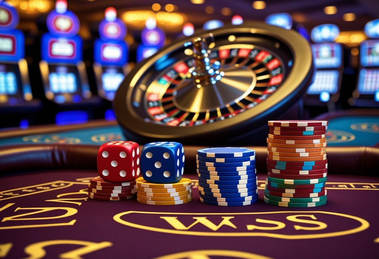 A casino gaming table with a roulette wheel, dice, poker chips, and playing cards under warm lighting.