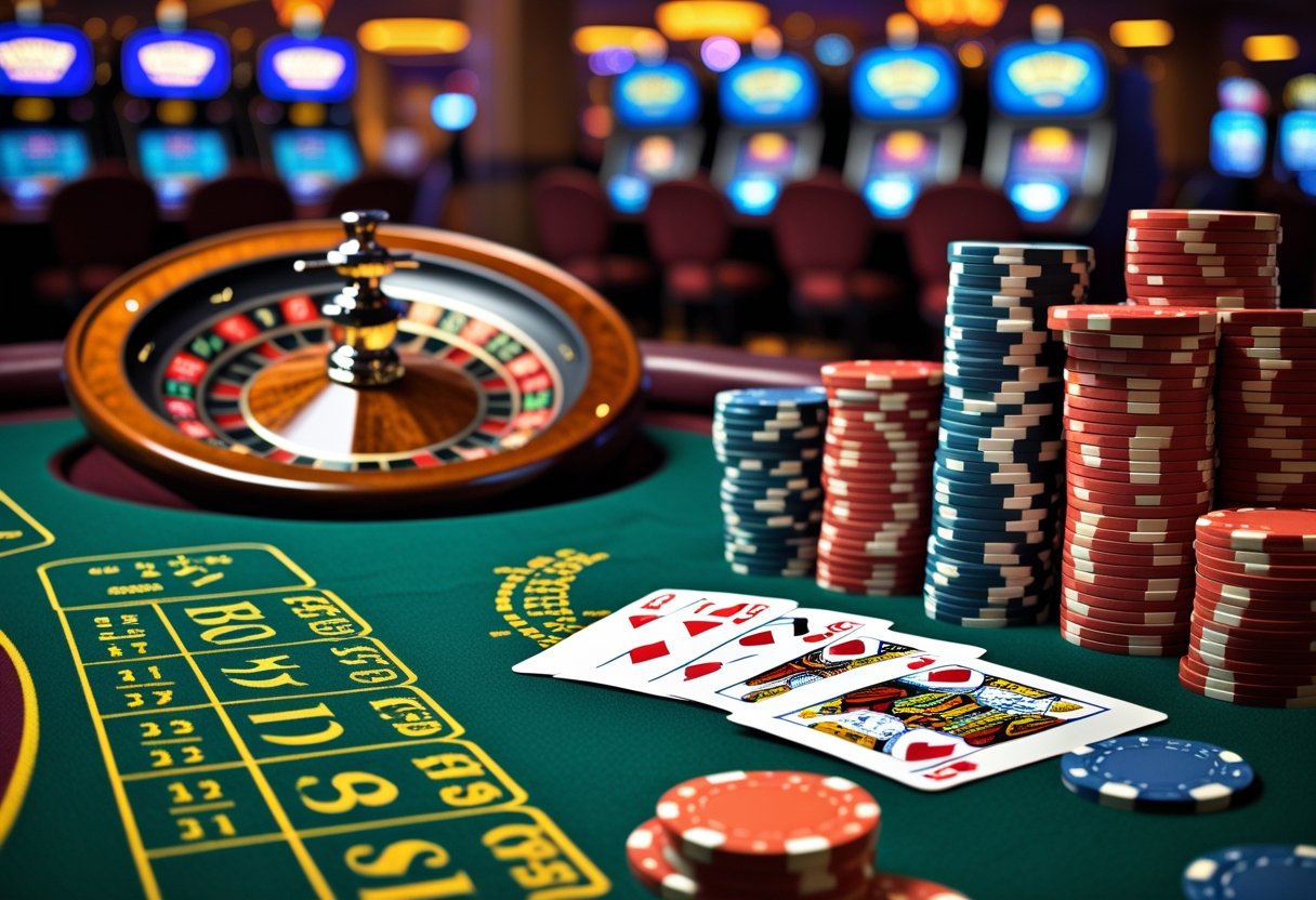 A casino table with roulette wheel, playing cards, and stacks of poker chips in a brightly lit casino environment.