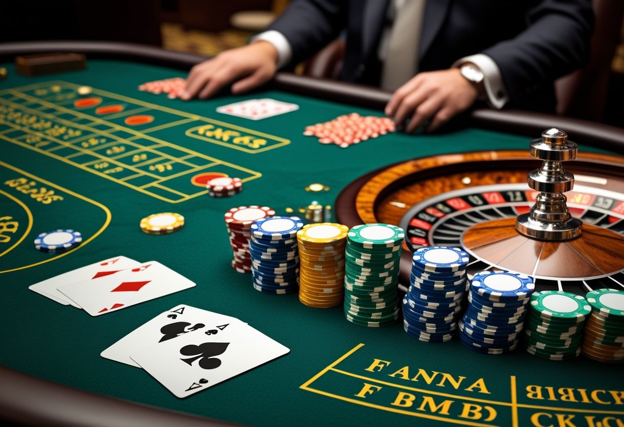 A casino table displaying cards, poker chips, a roulette wheel, and dice arranged for various casino games.