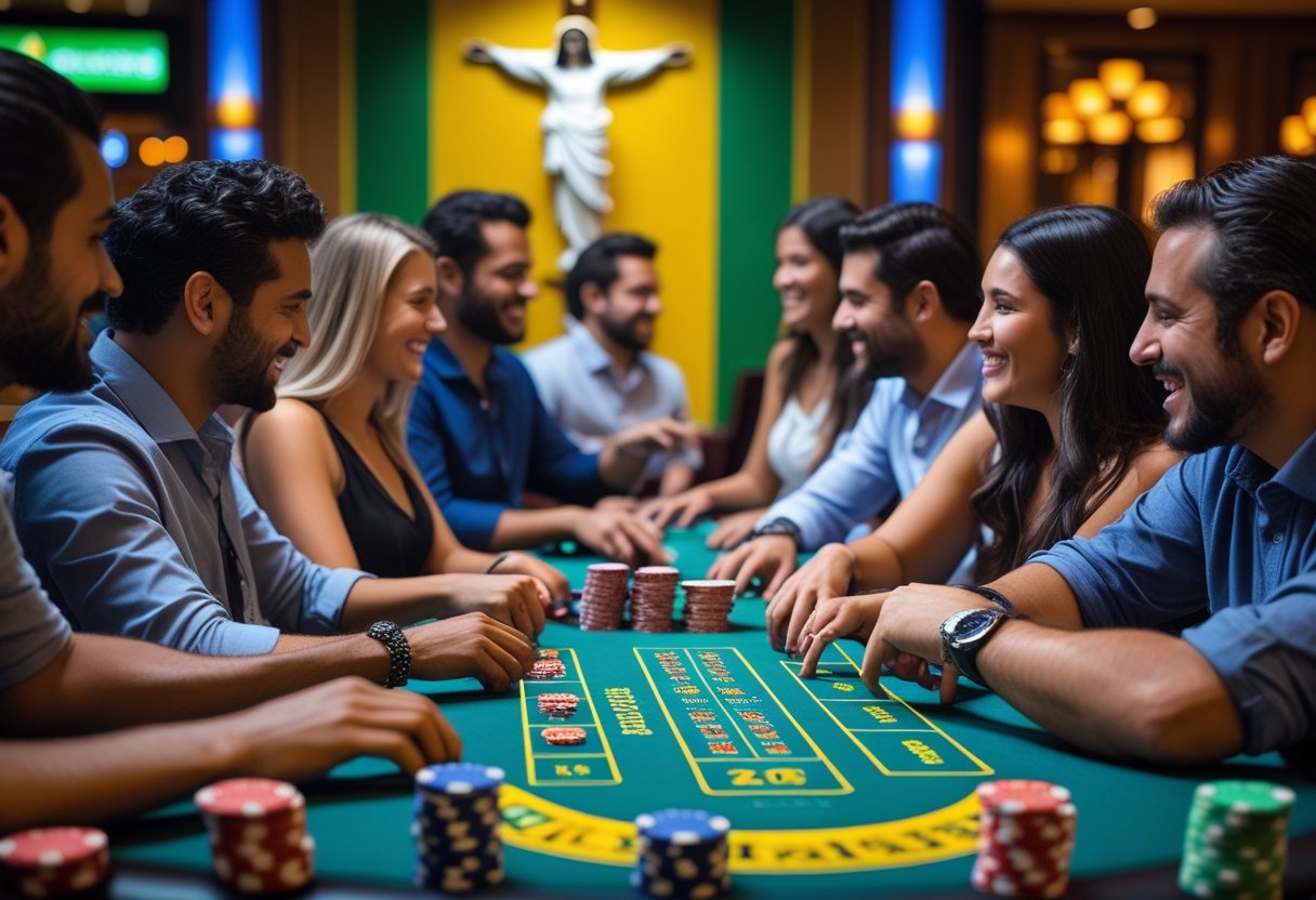 People playing poker and roulette at a casino table with Brazilian cultural decorations and a view of the Christ the Redeemer statue.
