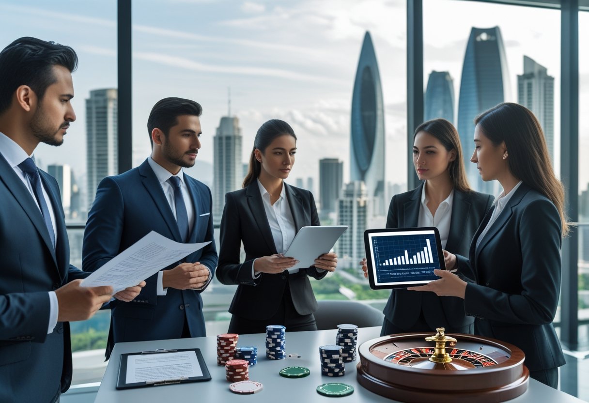 A group of professionals discussing legal documents near gambling items with a Brazilian cityscape and Christ the Redeemer statue in the background.