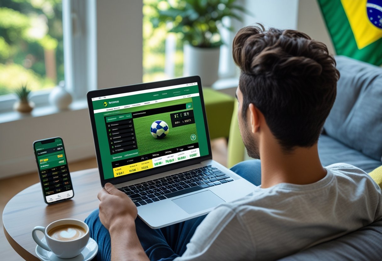 Person using a laptop and smartphone to place sports bets online with Brazilian-themed decor in the background.