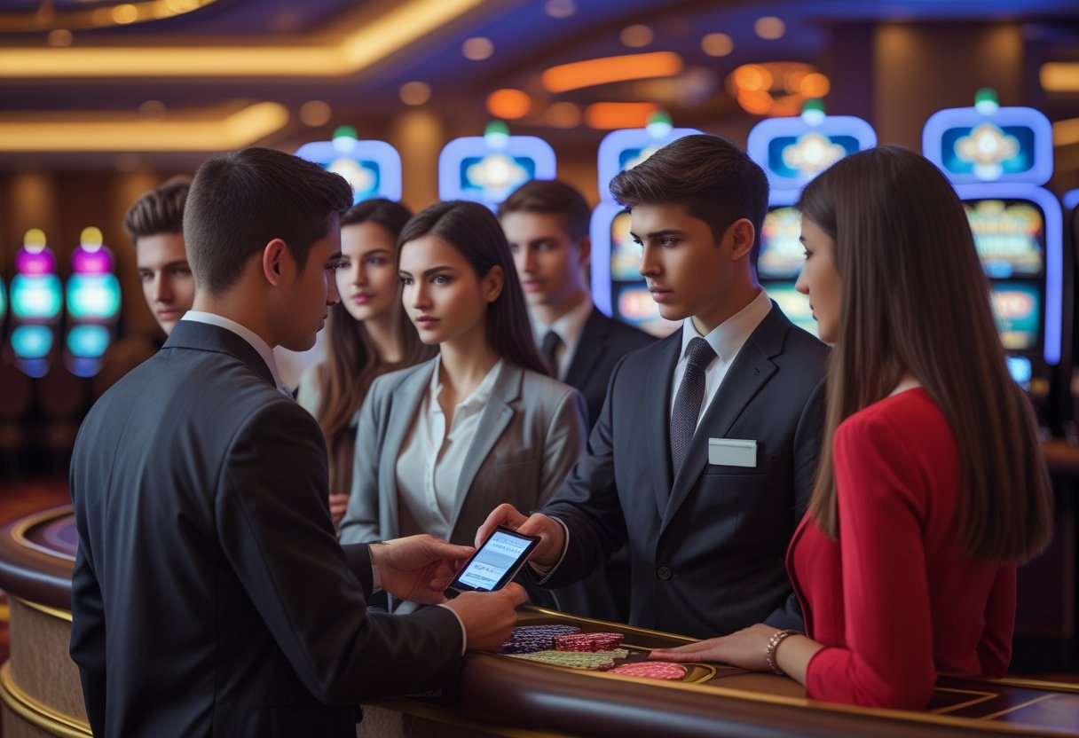 A security guard checking IDs of young adults at a casino entrance before allowing them inside.