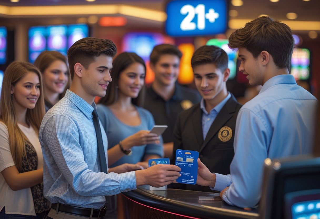 A security guard checking the ID of a young man at a casino entrance with slot machines visible in the background.