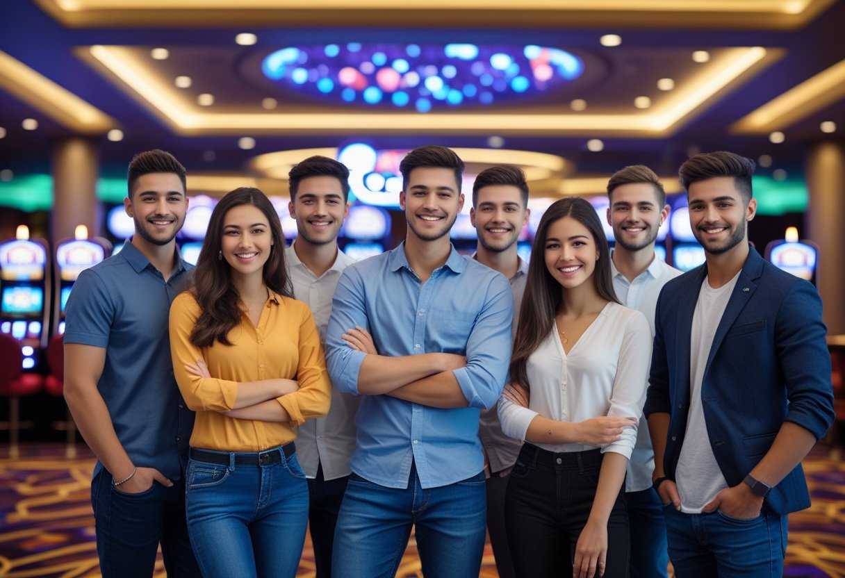 A group of young adults standing outside a brightly lit casino entrance with slot machines visible inside.