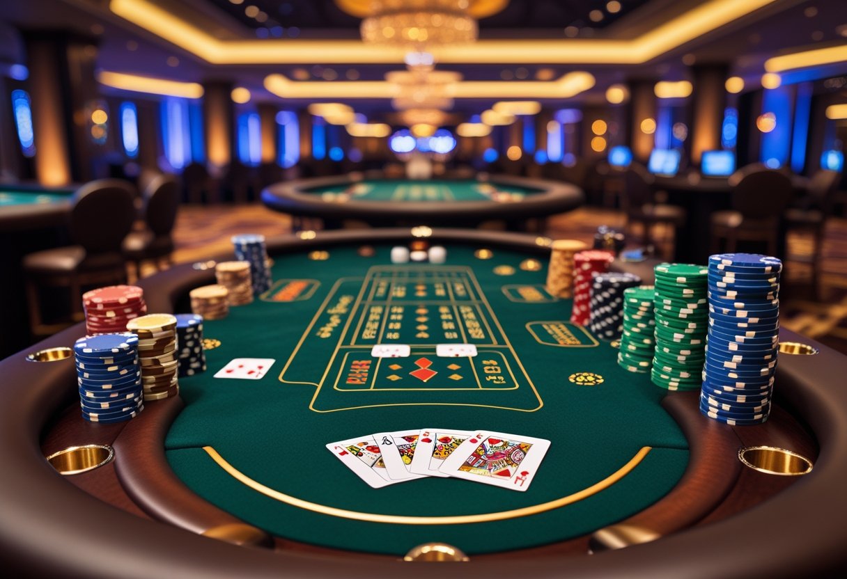 A blackjack casino table with green felt, playing cards, and poker chips in a softly lit casino setting.