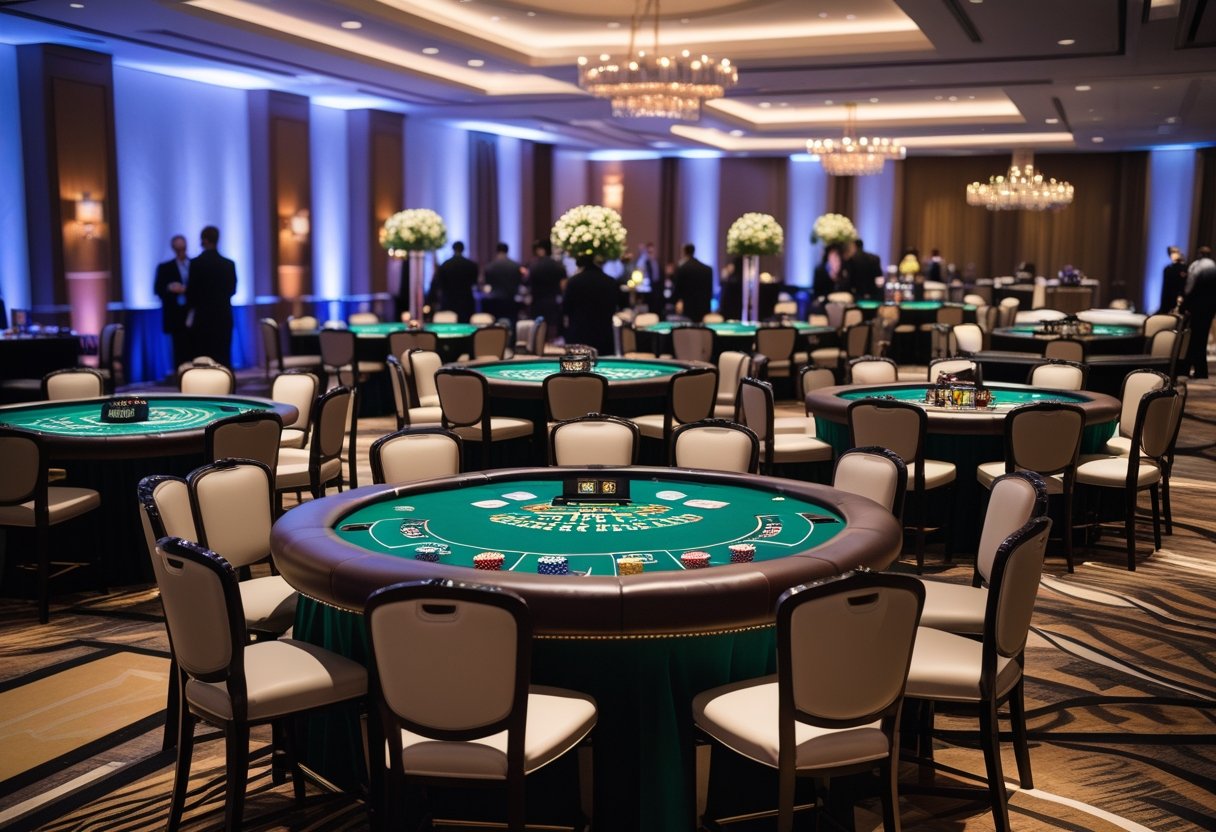 A casino event setup with several casino tables including blackjack, poker, and roulette tables arranged in a spacious room with people playing games.