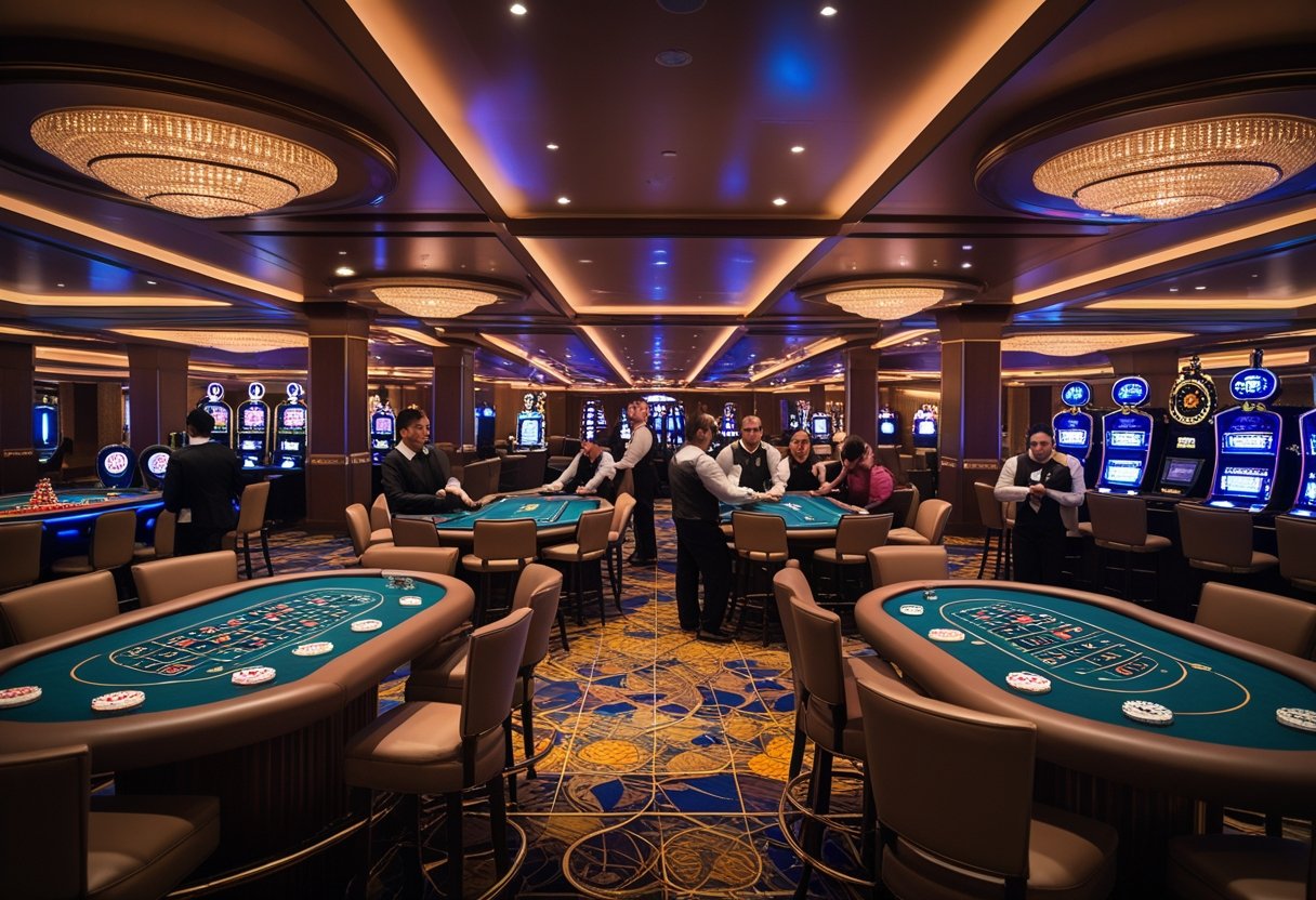 A casino floor with multiple gaming tables including blackjack, poker, roulette, and craps, with players and dealers engaged in the games.