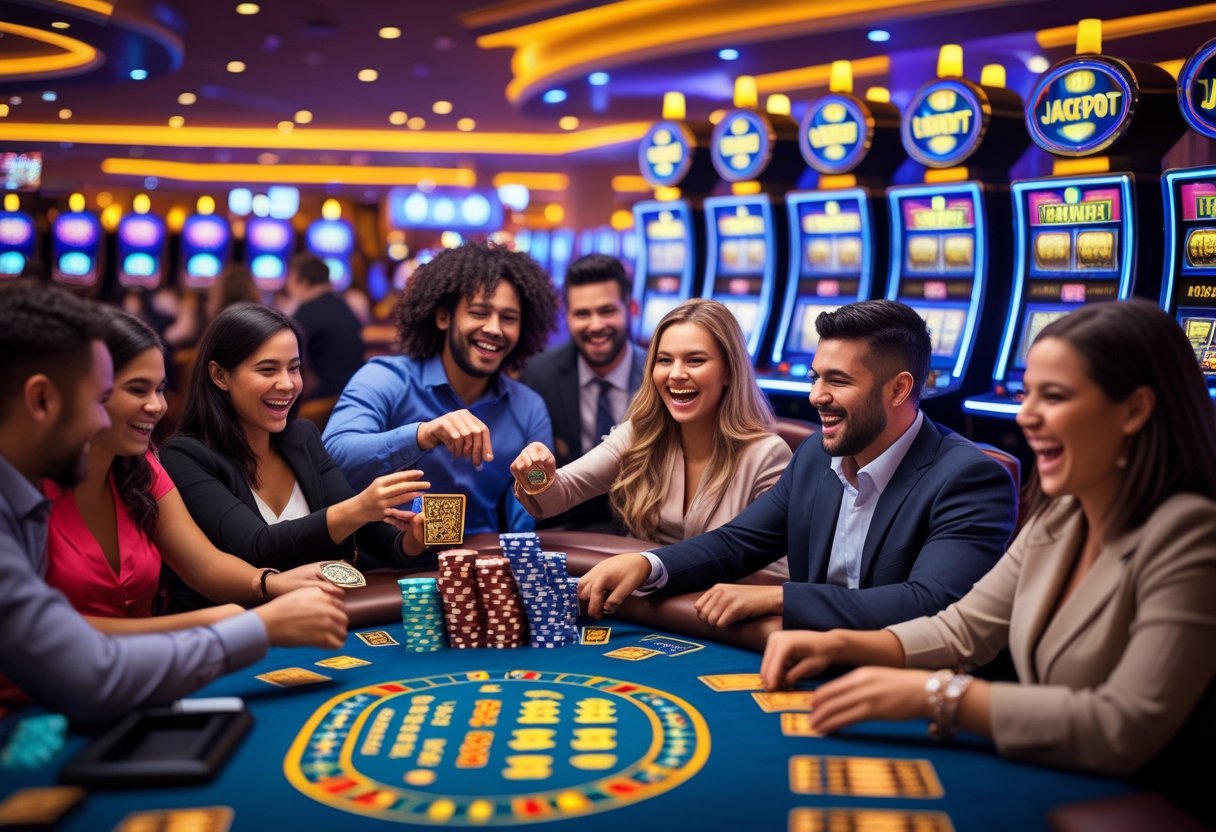 People playing games and celebrating wins inside a busy casino with slot machines and poker tables.
