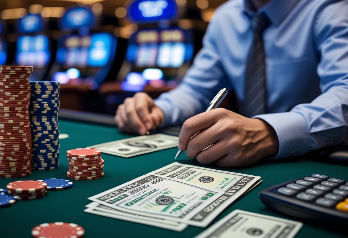 A man at a casino cashier counter filling out tax forms with poker chips, playing cards, and cash on the table nearby.