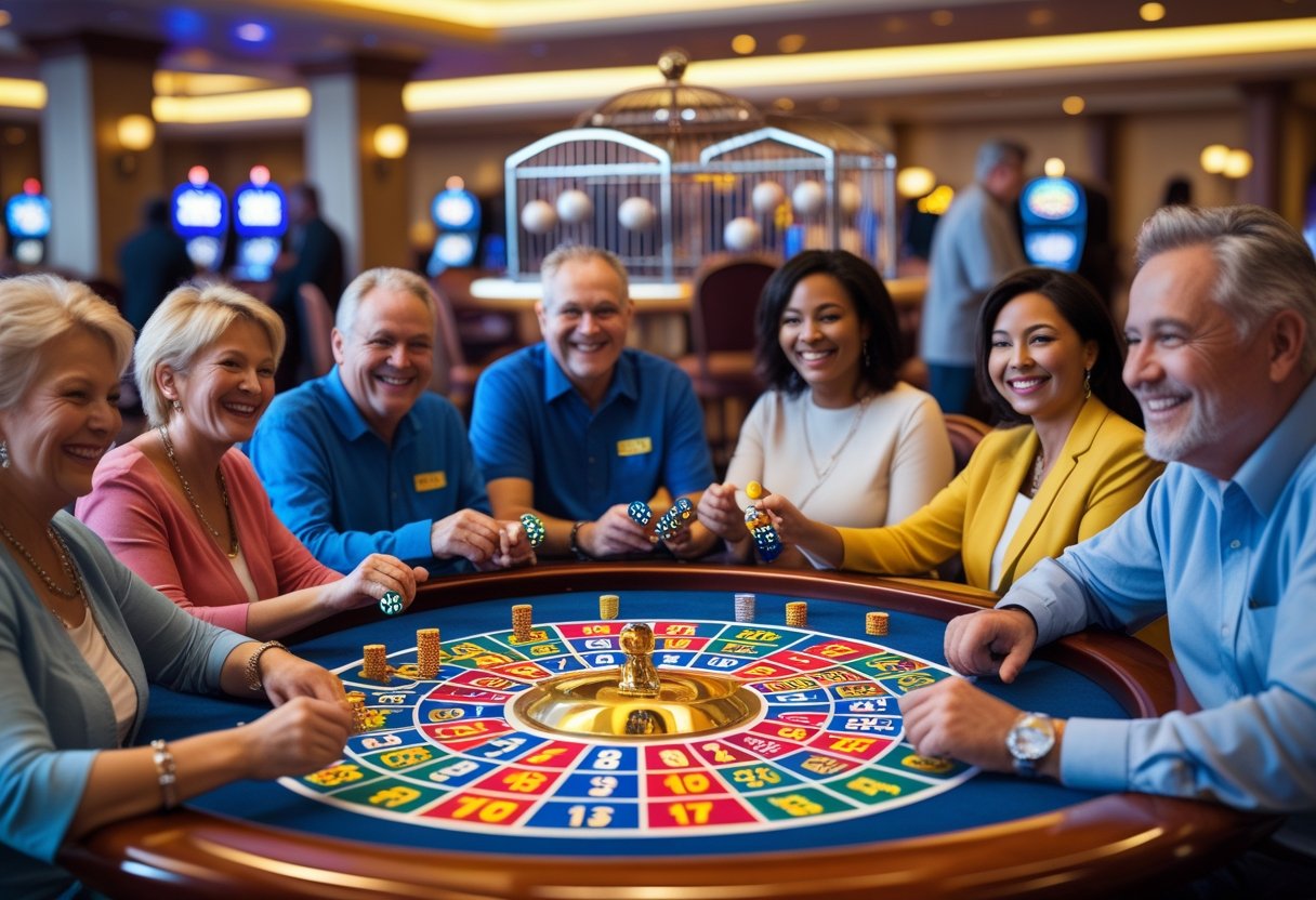 A group of adults playing bingo at a table in a casino, with bingo cards, chips, and a bingo cage visible.