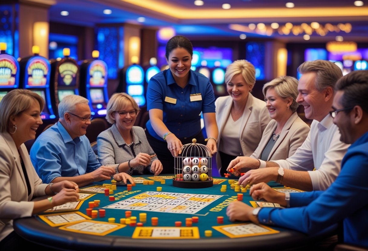 A group of adults playing bingo at a casino table with a staff member holding a bingo ball cage.