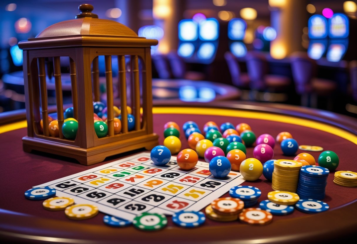 A bingo cage with colorful numbered balls, a bingo card, and bingo chips arranged on a table in a casino setting.